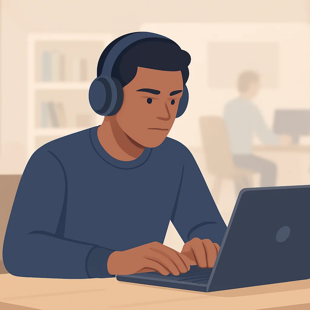 Une personne portant un casque à réduction de bruit, concentrée sur du code dans un bureau à domicile animé, les distractions de l'arrière-plan floues