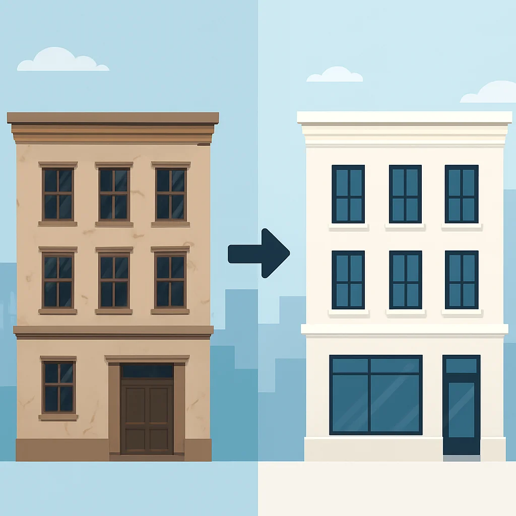 Comparaison avant/après d'un ancien bâtiment rénové en centre-ville