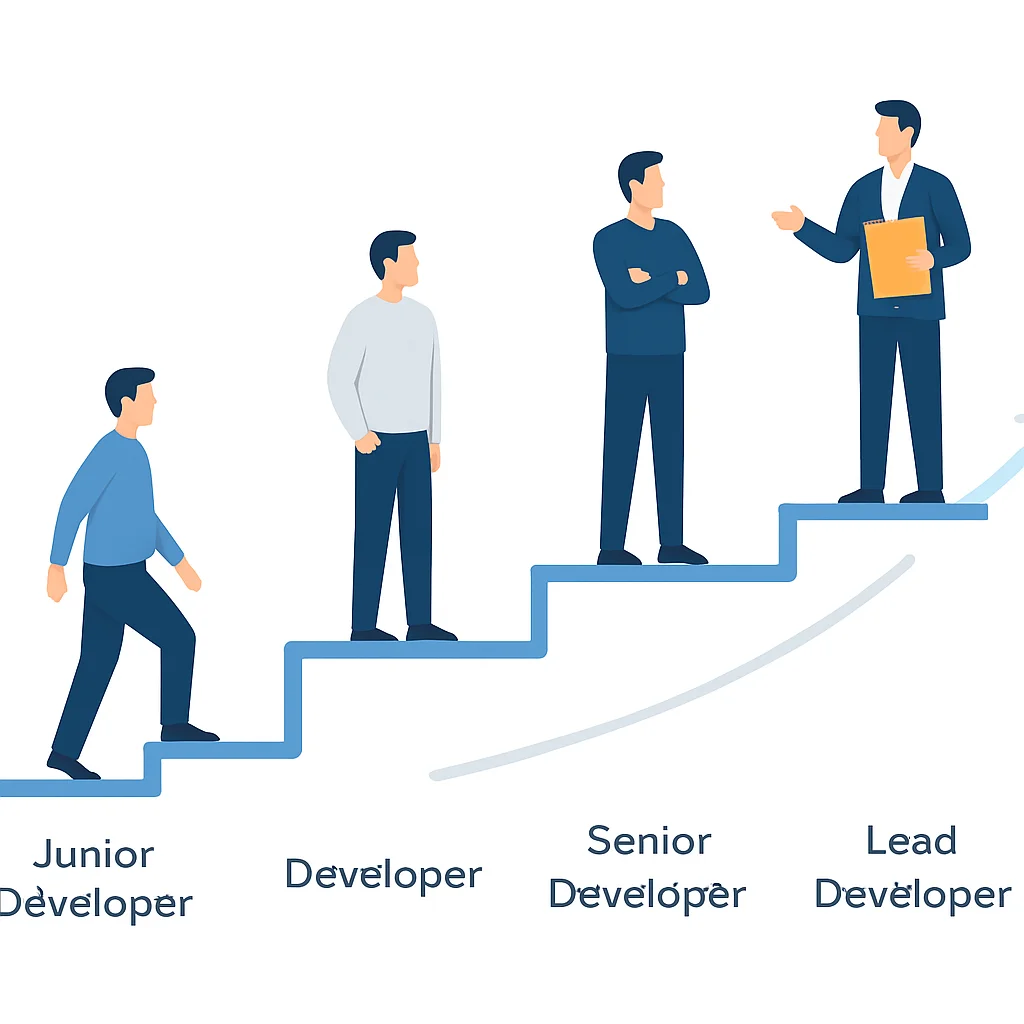 Diagramme de progression de carrière de Développeur Junior à Lead Développeur, illustrant l'augmentation des responsabilités et du périmètre