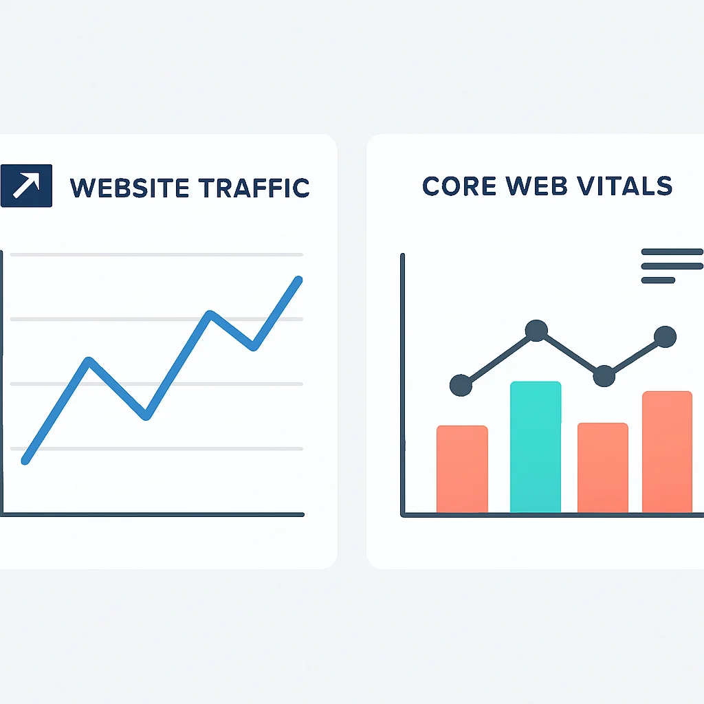 Visualisation de données montrant les tendances du trafic du site web et des Core Web Vitals