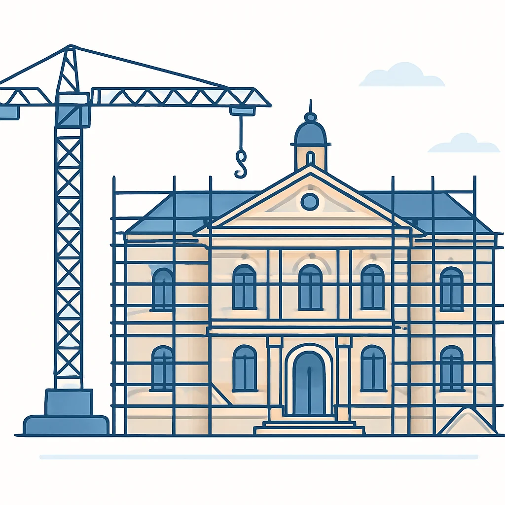 Dessin architectural détaillé d'un bâtiment historique en cours de restauration