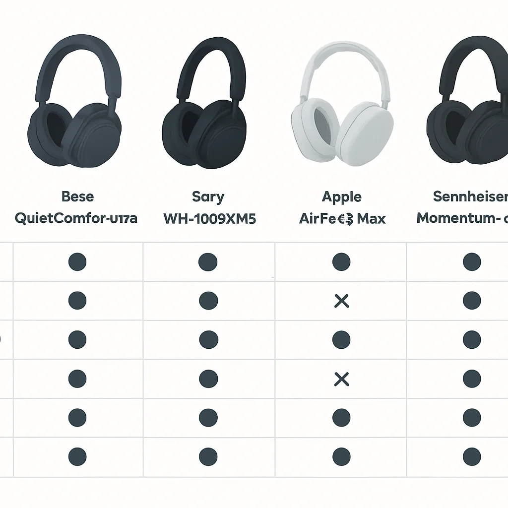Tableau comparatif détaillé des meilleurs casques à réduction de bruit incluant Bose QuietComfort Ultra, Sony WH-1000XM5, Apple AirPods Max, Sennheiser Momentum 4 Wireless, avec colonnes pour ANC, Qualité Audio, Confort, Autonomie, Qualité Micro et Prix Estimé en 2026
