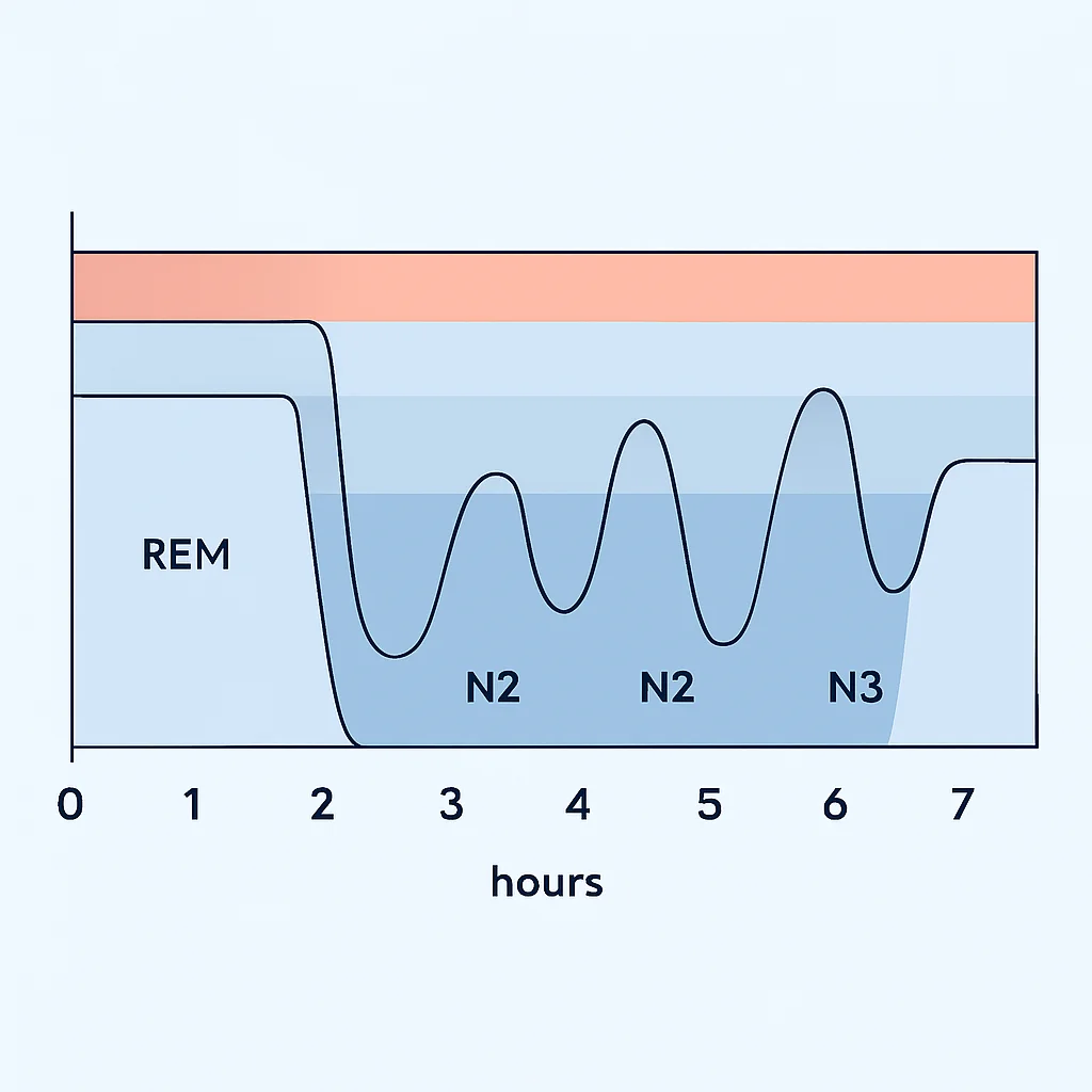 Diagramme détaillé des cycles de sommeil montrant les stades NREM (N1, N2, N3) et REM sur une nuit typique de 8 heures