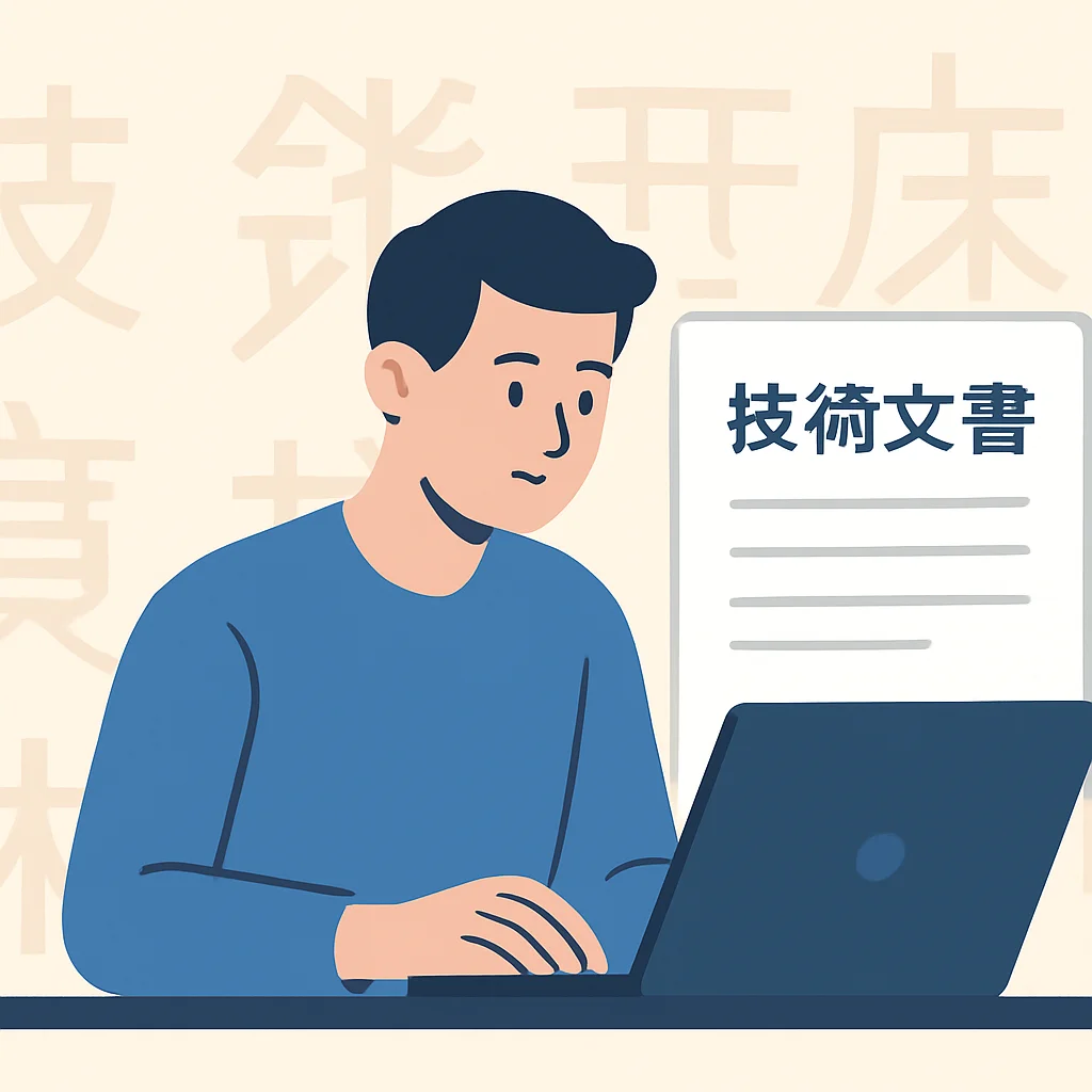 Développeur lisant de la documentation technique en japonais sur un ordinateur portable, avec des caractères japonais stylisés en arrière-plan
