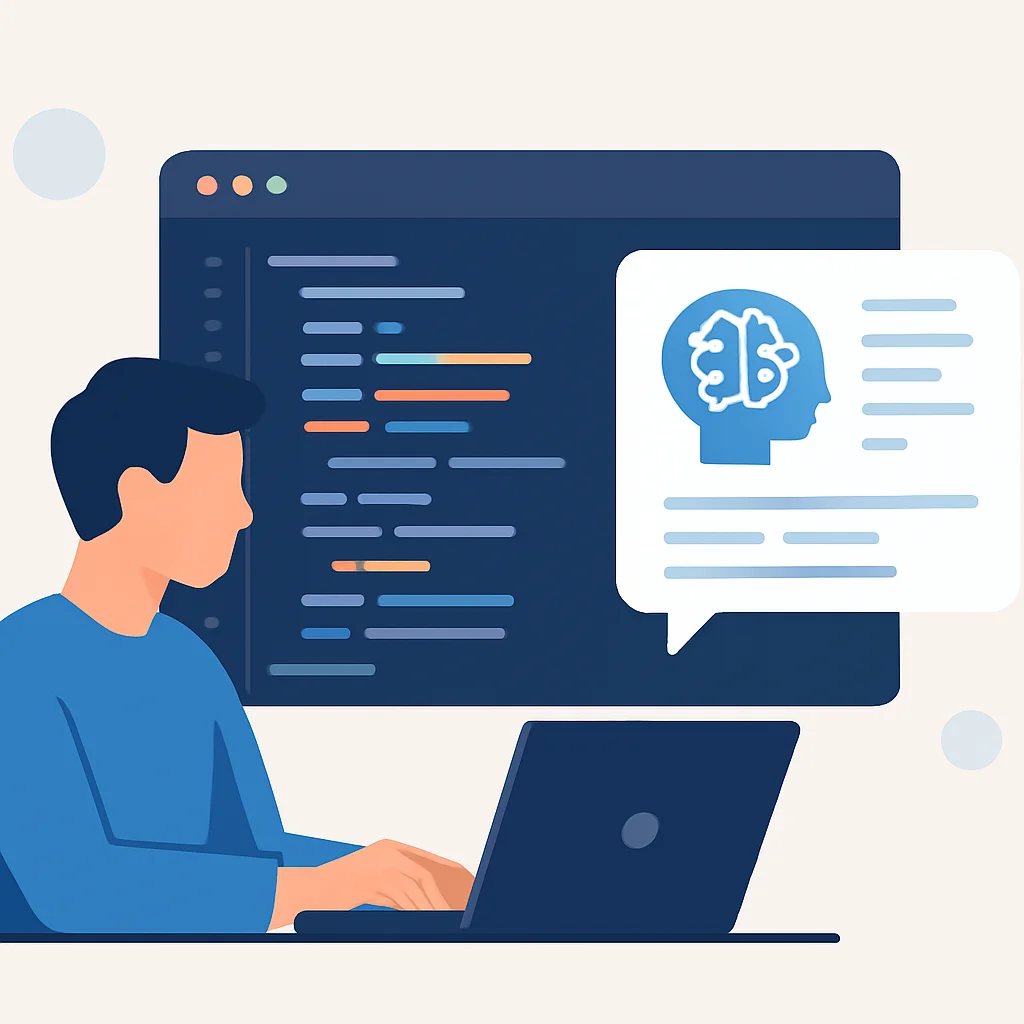 Développeur utilisant un assistant de code IA dans un IDE moderne, avec des suggestions de code affichées