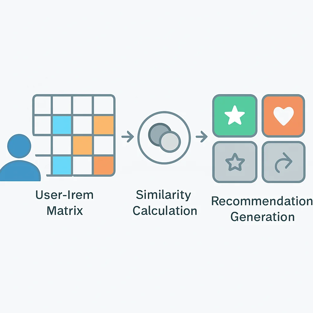Diagramme illustrant le processus de filtrage collaboratif, montrant la matrice utilisateur-article, le calcul de similarité et la génération de recommandations