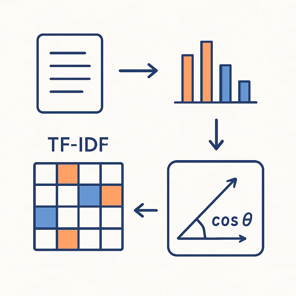 Diagramme illustrant la vectorisation TF-IDF et le calcul de similarité cosinus pour un système de recommandation basé sur le contenu