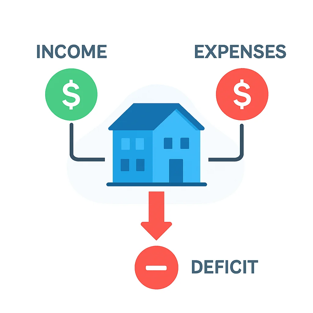 Diagramme montrant le flux de revenus et dépenses pour une propriété locative avec déficit