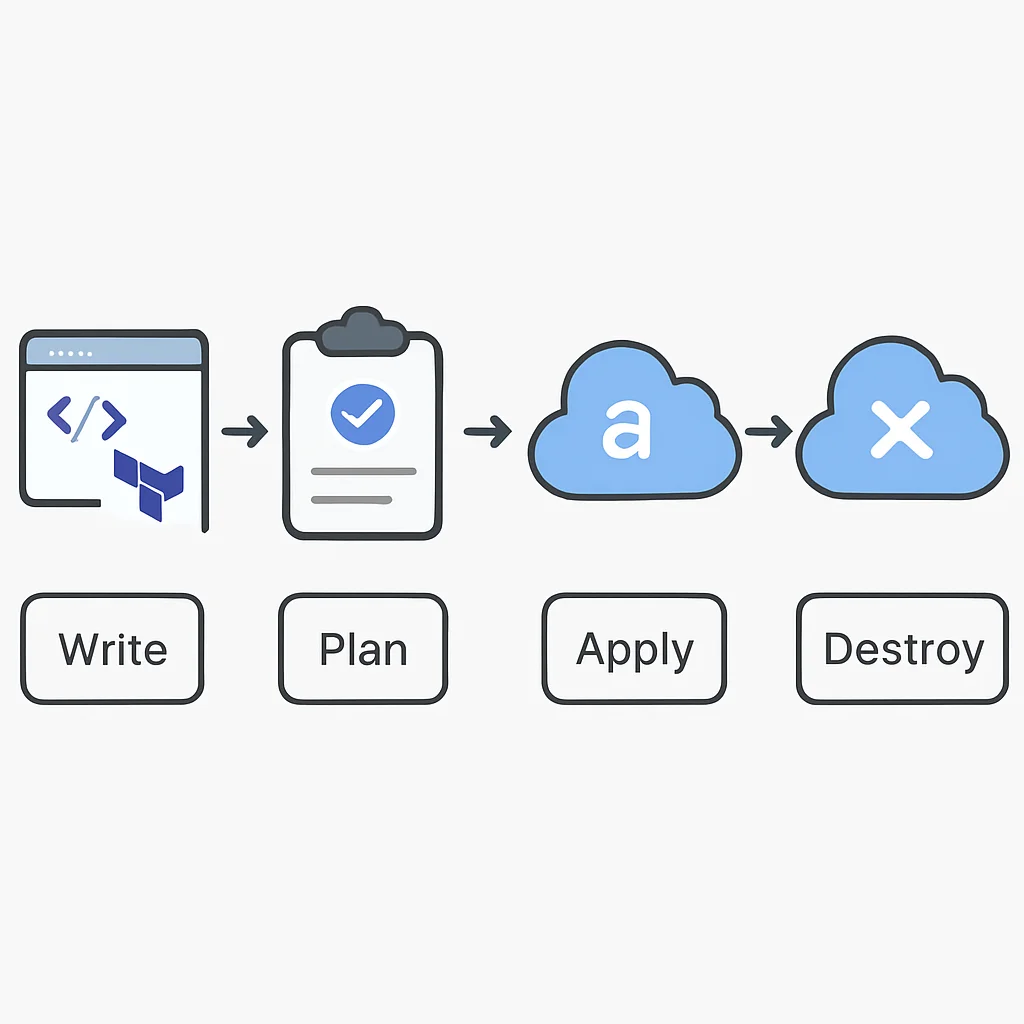 Diagramme du workflow Terraform: Écriture, Planification, Application, Destruction avec les logos des fournisseurs cloud