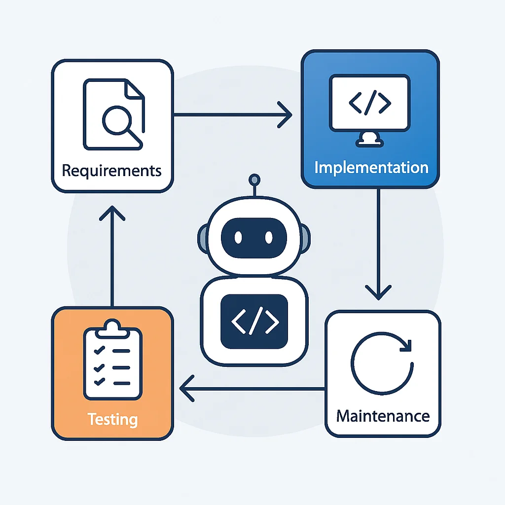 Organigramme montrant l'intégration d'un assistant de code IA dans un cycle de vie de développement logiciel (SDLC) typique