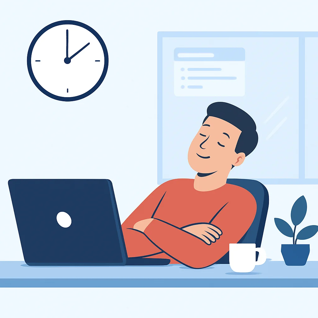 Illustration d'un développeur faisant une sieste éclair de 20 minutes à son bureau, l'air rafraîchi après