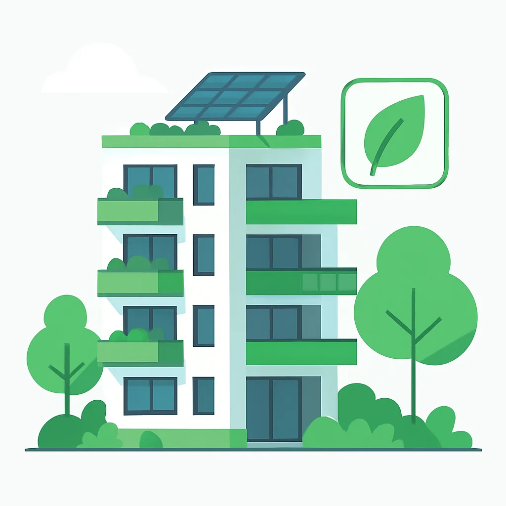 Illustration d'un immeuble d'appartements moderne avec des caractéristiques écologiques, indiquant l'éligibilité Pinel+