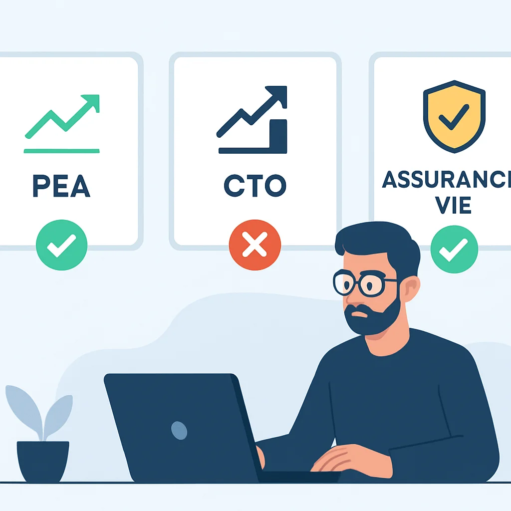 Illustration montrant un développeur évaluant différentes enveloppes d'investissement (PEA, CTO, Assurance-Vie) avec leurs avantages fiscaux et limites respectifs