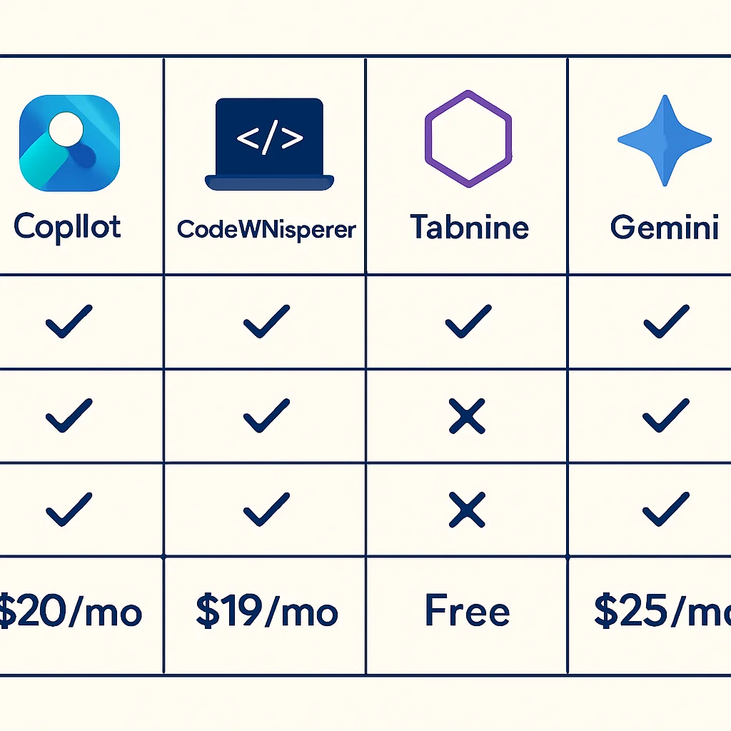 Infographie comparant les fonctionnalités et les tarifs de différents assistants de code IA comme Copilot, CodeWhisperer, Tabnine et Gemini