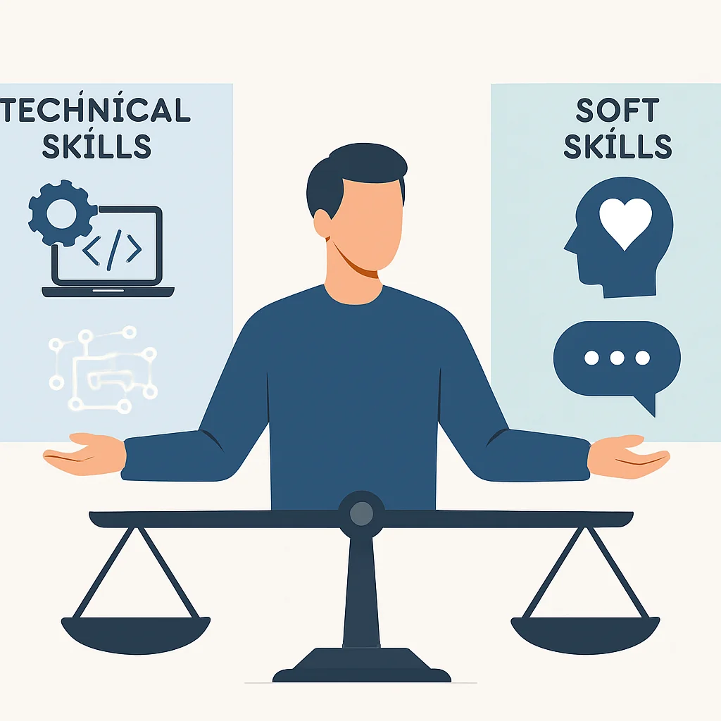 Infographie comparant les compétences techniques et les soft skills pour un Lead Développeur, illustrant une approche équilibrée