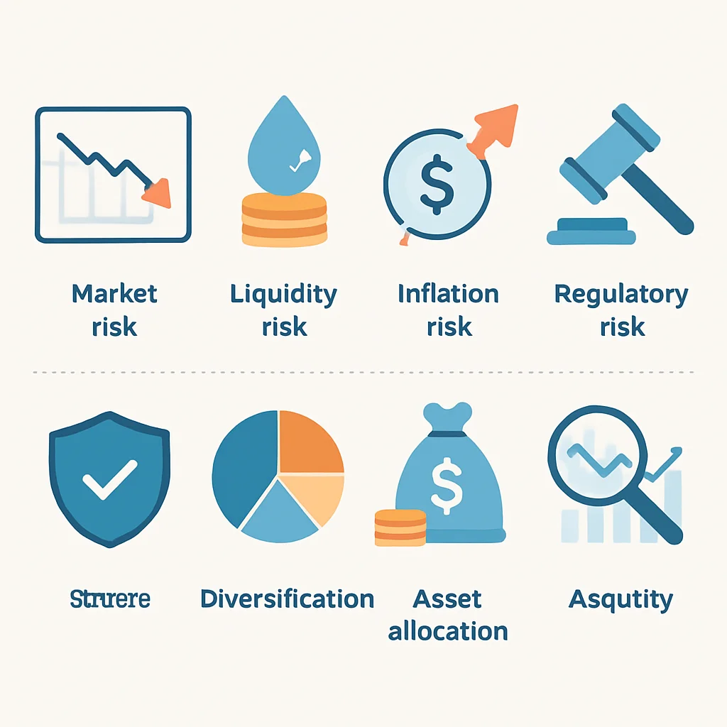 Infographie illustrant les divers risques d'investissement (marché, liquidité, inflation, réglementaire) et les stratégies pour les atténuer