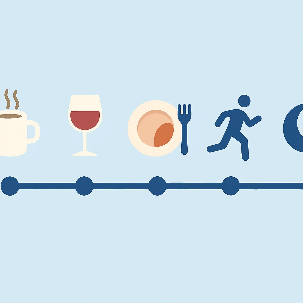 Infographie des horaires recommandés pour la caféine, l'alcool, les repas et l'exercice avant le sommeil