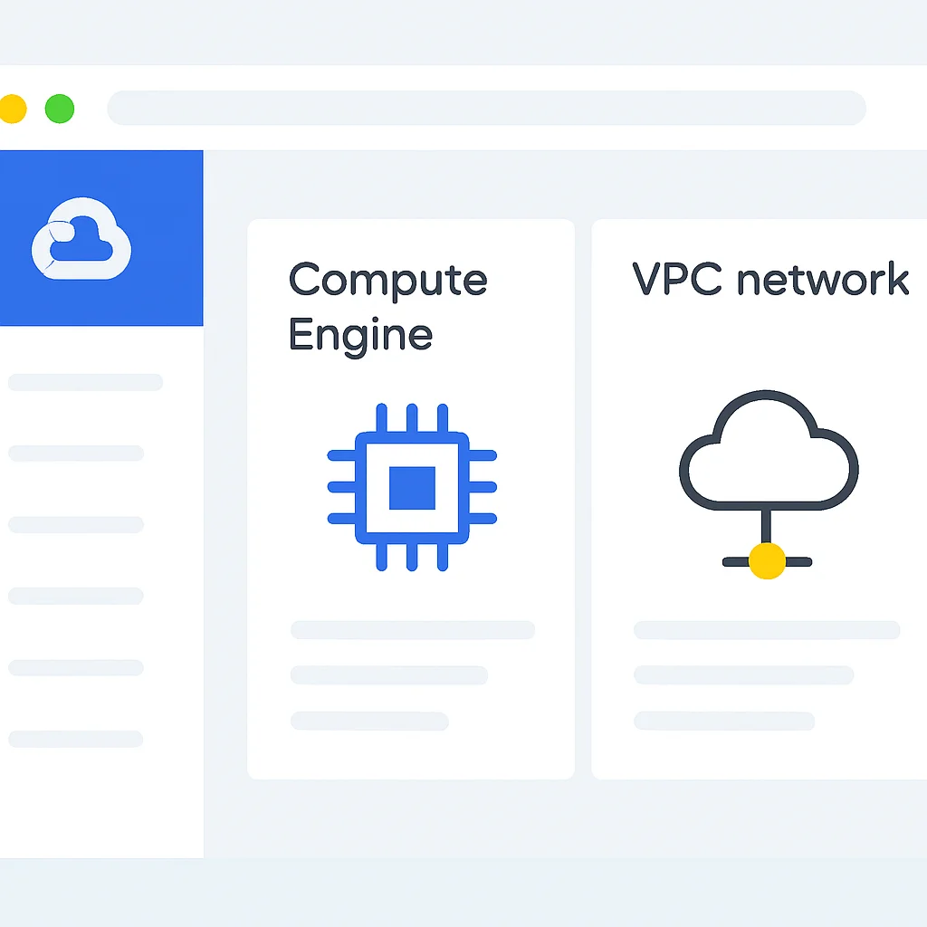 Capture d'écran d'une instance GCP Compute Engine et d'un réseau VPC dans la console Google Cloud