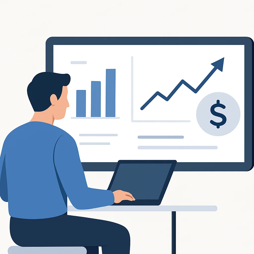 Illustration stylisée d'un développeur regardant un tableau de bord avec des graphiques financiers et de la croissance, symbolisant l'investissement réussi