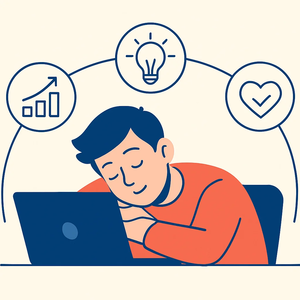 Illustration stylisée d'un développeur dormant paisiblement, avec des lignes reliant des symboles de productivité, créativité et bien-être
