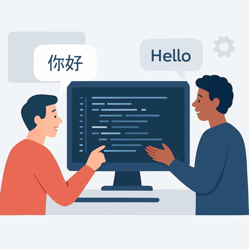 Deux développeurs collaborant sur un écran de code, l'un parlant une langue étrangère avec des bulles de dialogue, illustrant la communication interculturelle