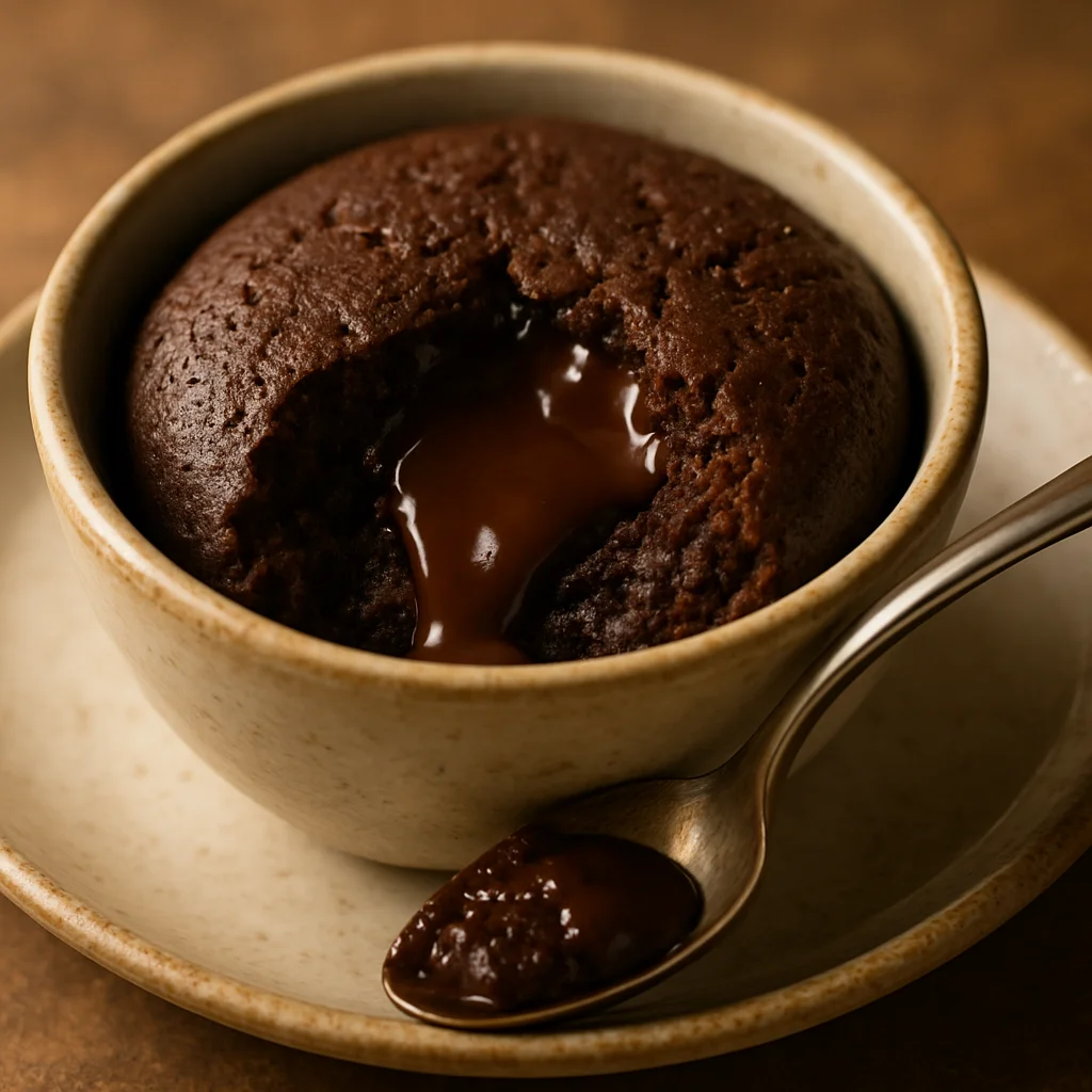 Mug cake au chocolat gourmand avec un cœur coulant et une cuillère