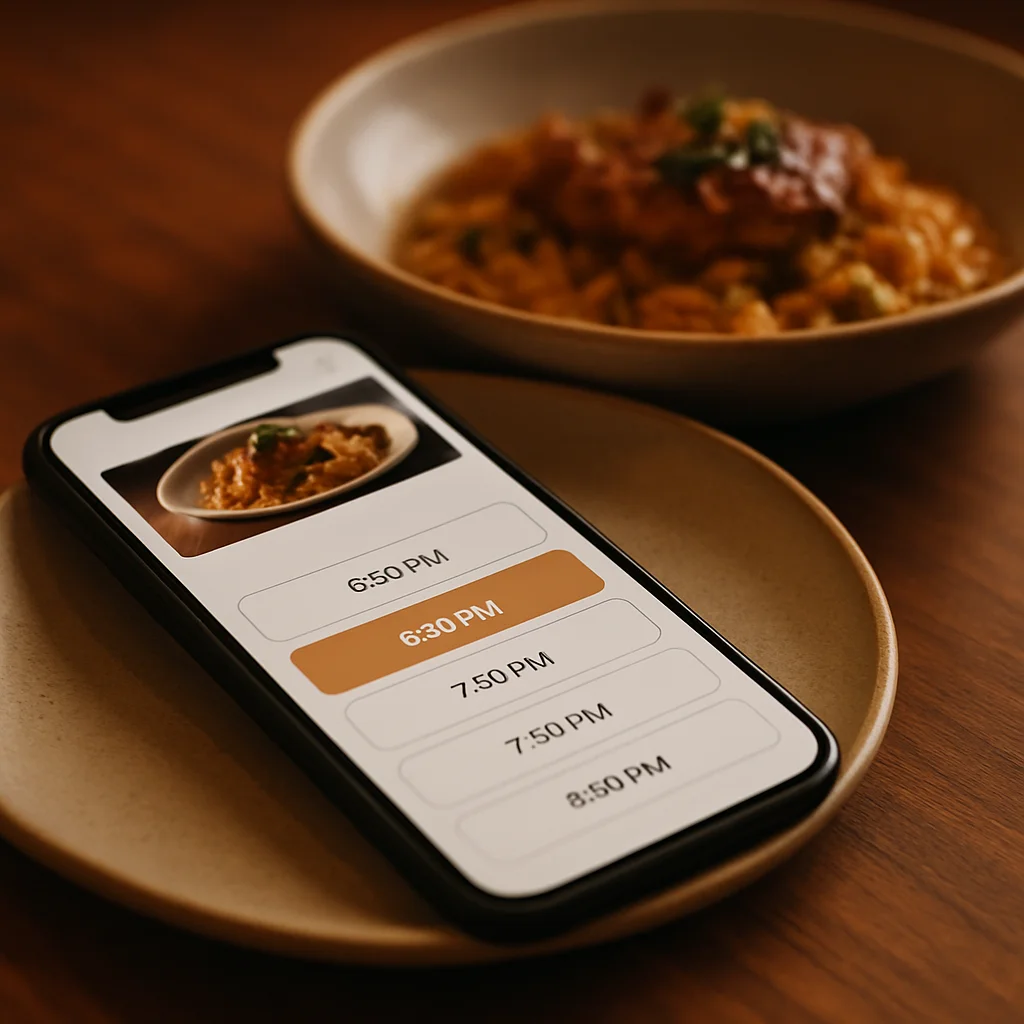 Interface d'application de réservation de restaurant moderne sur smartphone avec créneaux horaires disponibles