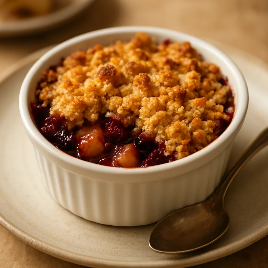 Crumble chaud aux pommes et baies rouges avec un dessus doré et croustillant servi dans un ramequin