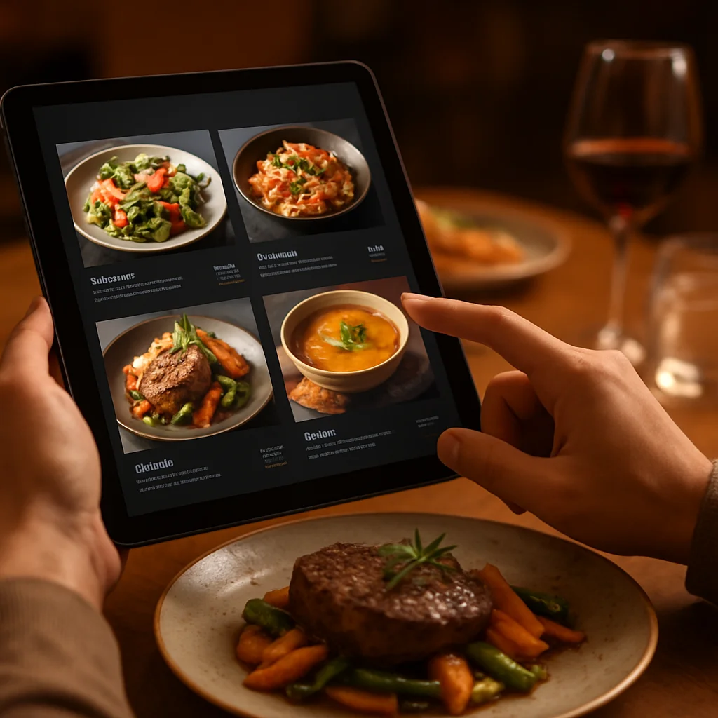 Une personne interagissant avec un menu numérique élégant sur une tablette à table, affichant des images de plats vibrantes et des détails sur les ingrédients