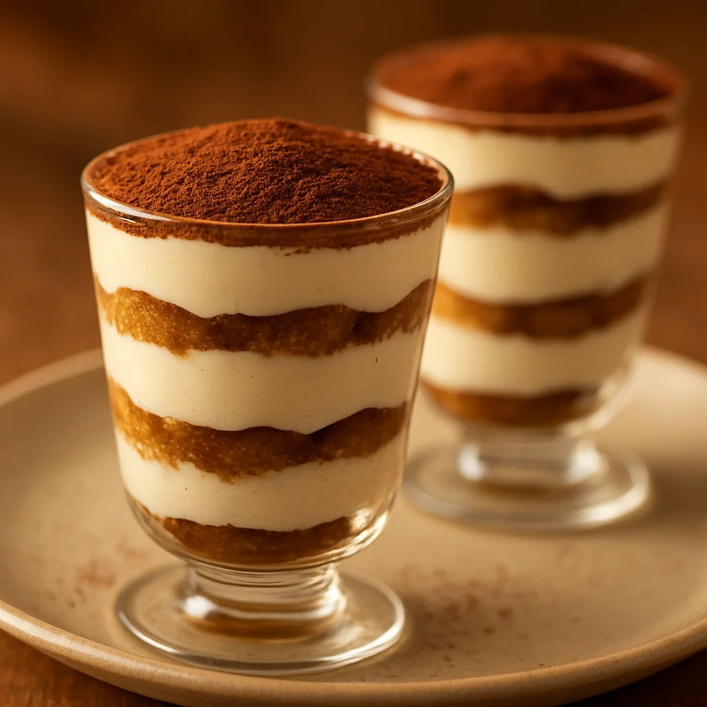 Verrines de tiramisu élégantes avec des couches de crème et de biscuits imbibés de café, saupoudrées de cacao