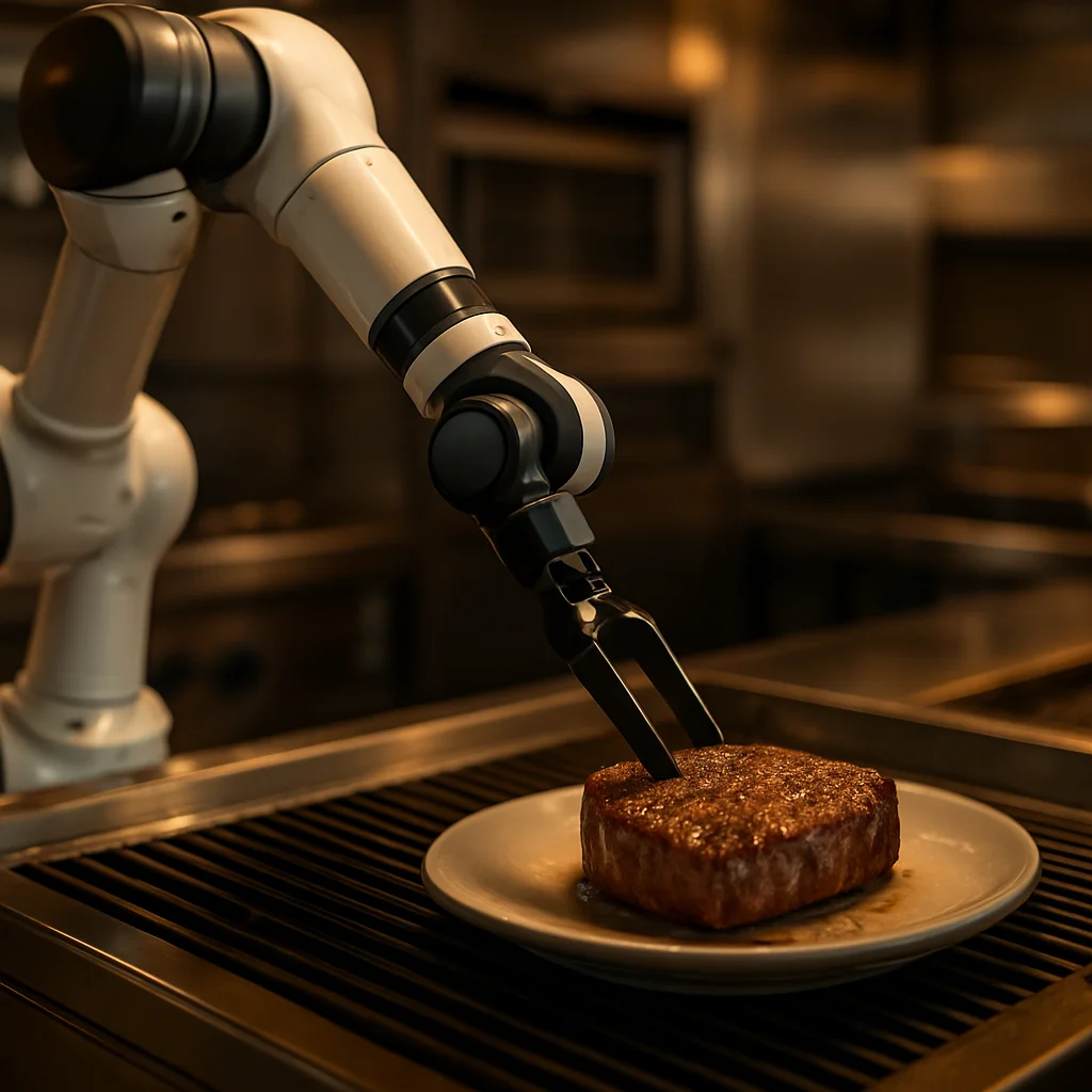 Un bras robotisé grillant précisément un steak dans une cuisine professionnelle, entouré d'équipements modernes en acier inoxydable