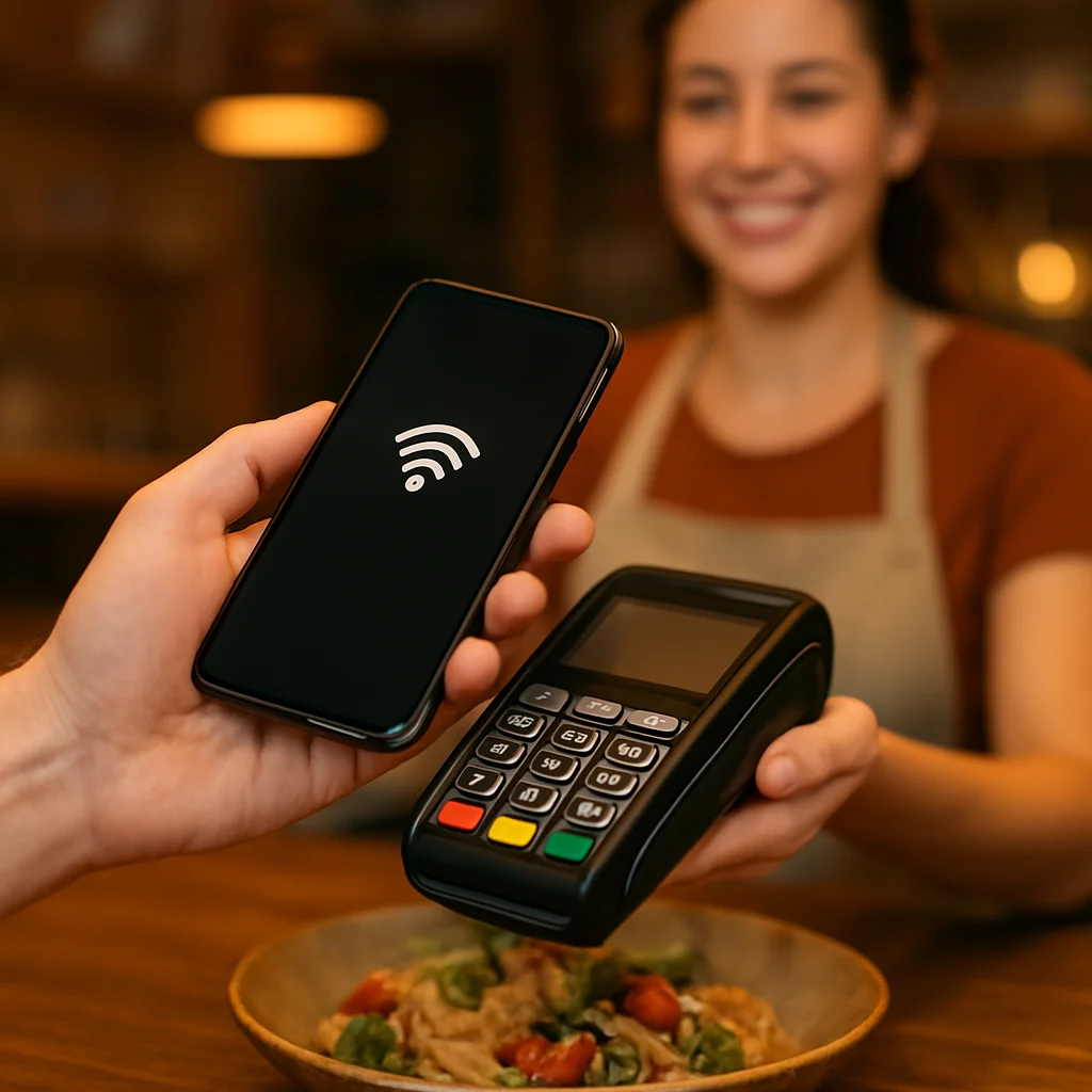 Une main tenant un smartphone devant un terminal de paiement sans contact au comptoir d'un restaurant, avec un caissier amical en arrière-plan
