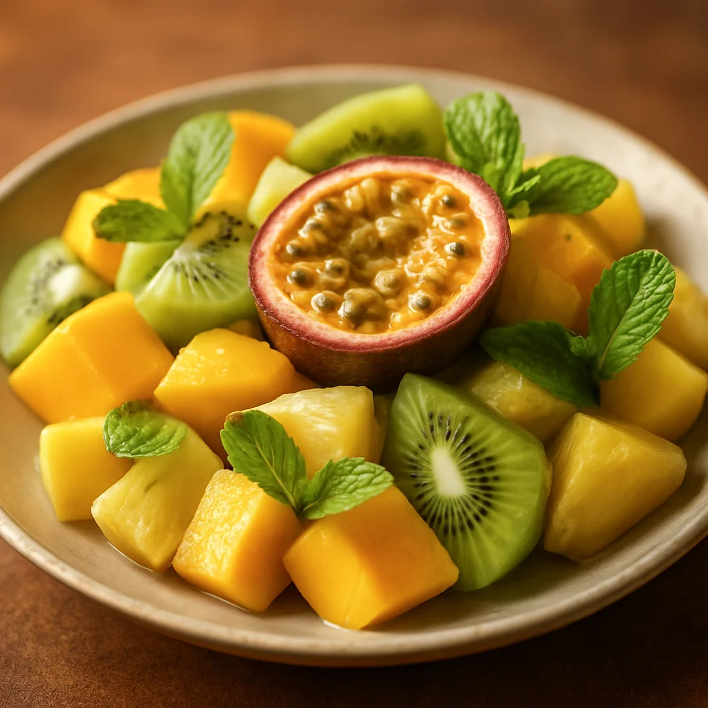 Salade de fruits exotiques vibrante avec mangue, kiwi, ananas et fruit de la passion, garnie de menthe fraîche