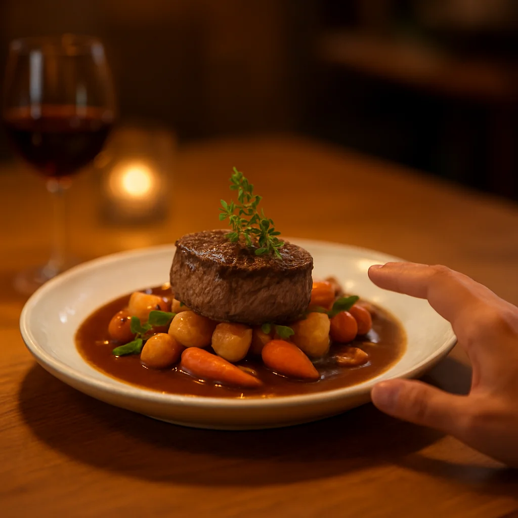 Perspective d'un convive sur un menu en réalité augmentée projetant un modèle 3D réaliste d'un plat gastronomique sur la table