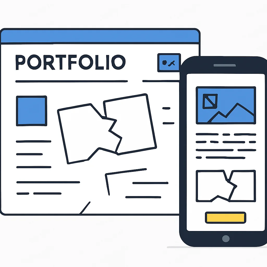 Un site web de portfolio cassé avec des éléments dispersés et du texte illisible sur un écran mobile, illustrant de mauvais problèmes de réactivité et d'accessibilité.