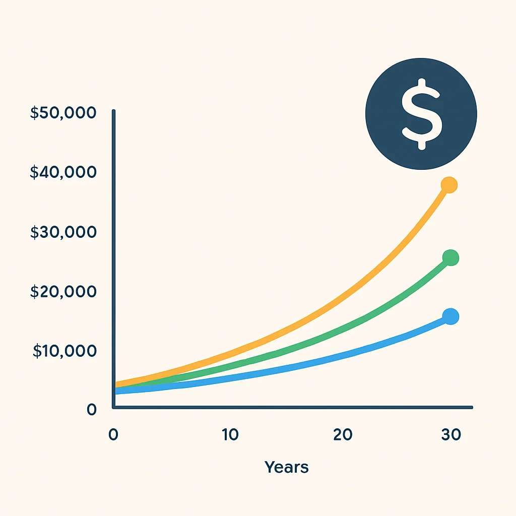 Graphique montrant la croissance des intérêts composés sur 20-30 ans avec différents montants d'investissement
