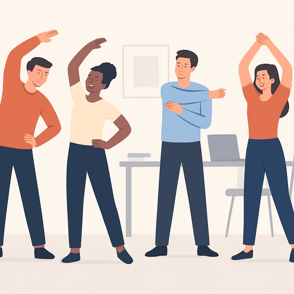 Un groupe de personnes diverses s'étirant et faisant des exercices légers dans un bureau ou à la maison, souriantes