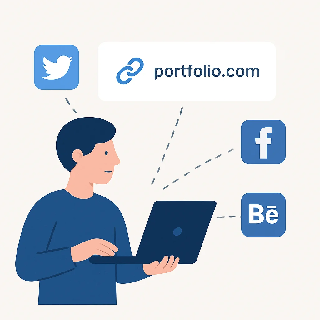 Une personne partageant un lien vers son portfolio sur diverses plateformes de médias sociaux et réseaux professionnels, indiquant une promotion active.