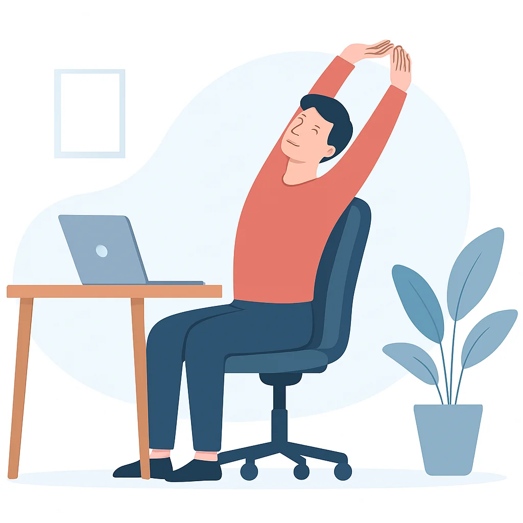 Une personne s'étirant et faisant une pause de sa chaise ergonomique, soulignant les bonnes habitudes de travail