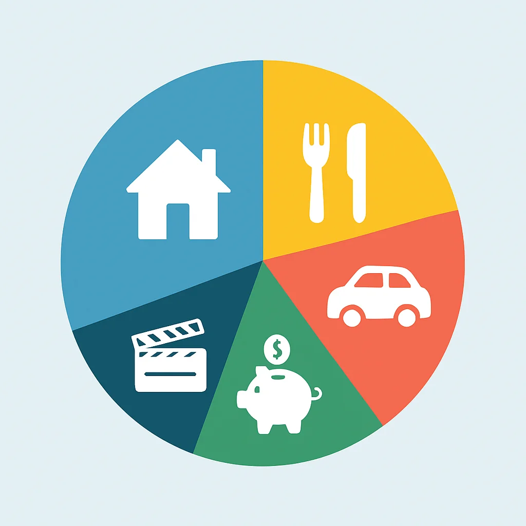 Diagramme circulaire des catégories de dépenses d'un développeur (logement, nourriture, transport, loisirs, épargne)