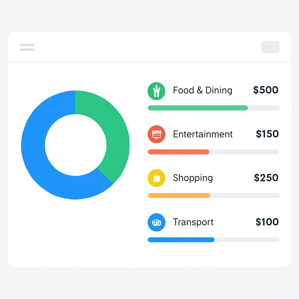 Capture d'écran d'un tableau de bord d'application de budget avec dépenses catégorisées et progression budgétaire