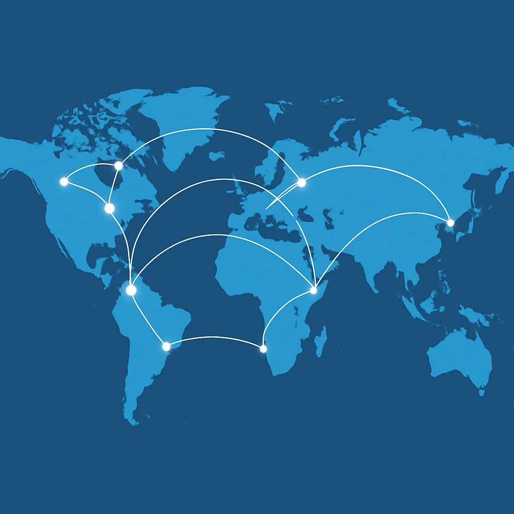 Une carte du monde stylisée avec des lignes lumineuses reliant différentes villes, représentant la communication et les langues mondiales
