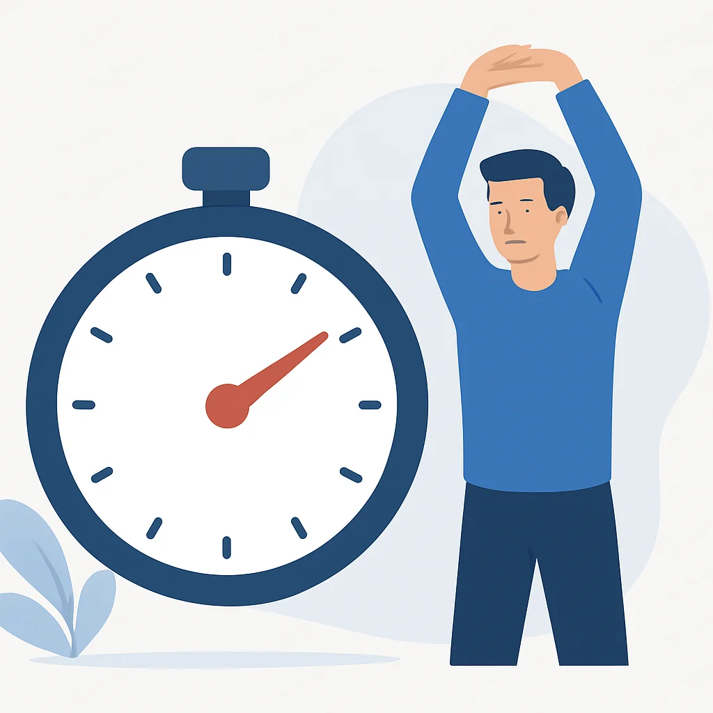 Un minuteur indiquant une pause, avec une personne s'étirant en arrière-plan