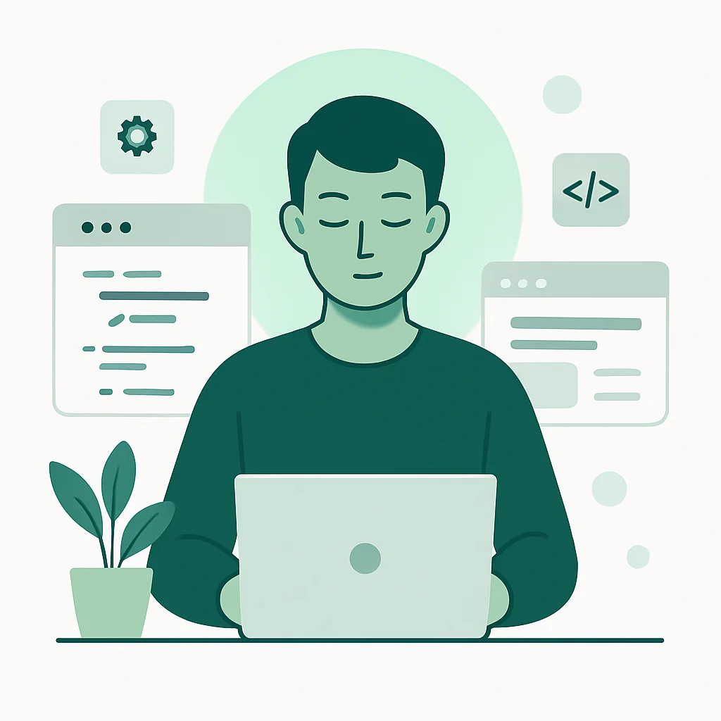 Illustration abstraite d'un développeur calme et concentré avec une aura verte, symbolisant le bien-être au milieu de la technologie