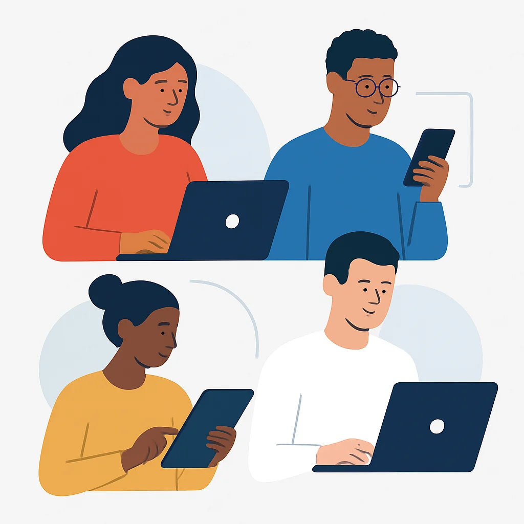 Illustration abstraite de personnes diverses interagissant avec des appareils numériques