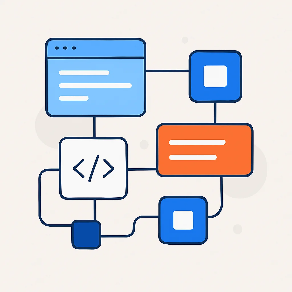 Illustration abstraite représentant la modularité et la réutilisabilité dans le développement web, avec des blocs interconnectés formant une structure plus grande