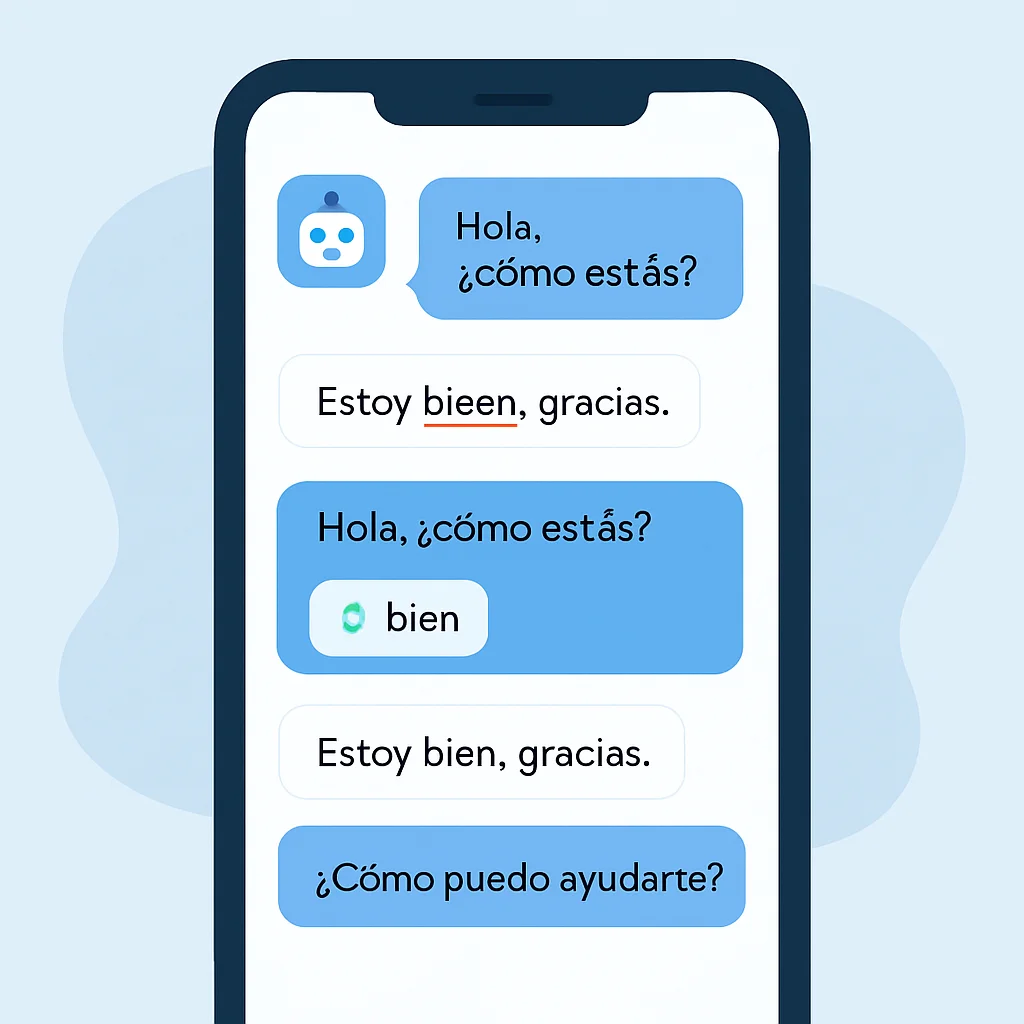 Interface de chatbot IA affichant une conversation en langue étrangère avec corrections et suggestions en temps réel