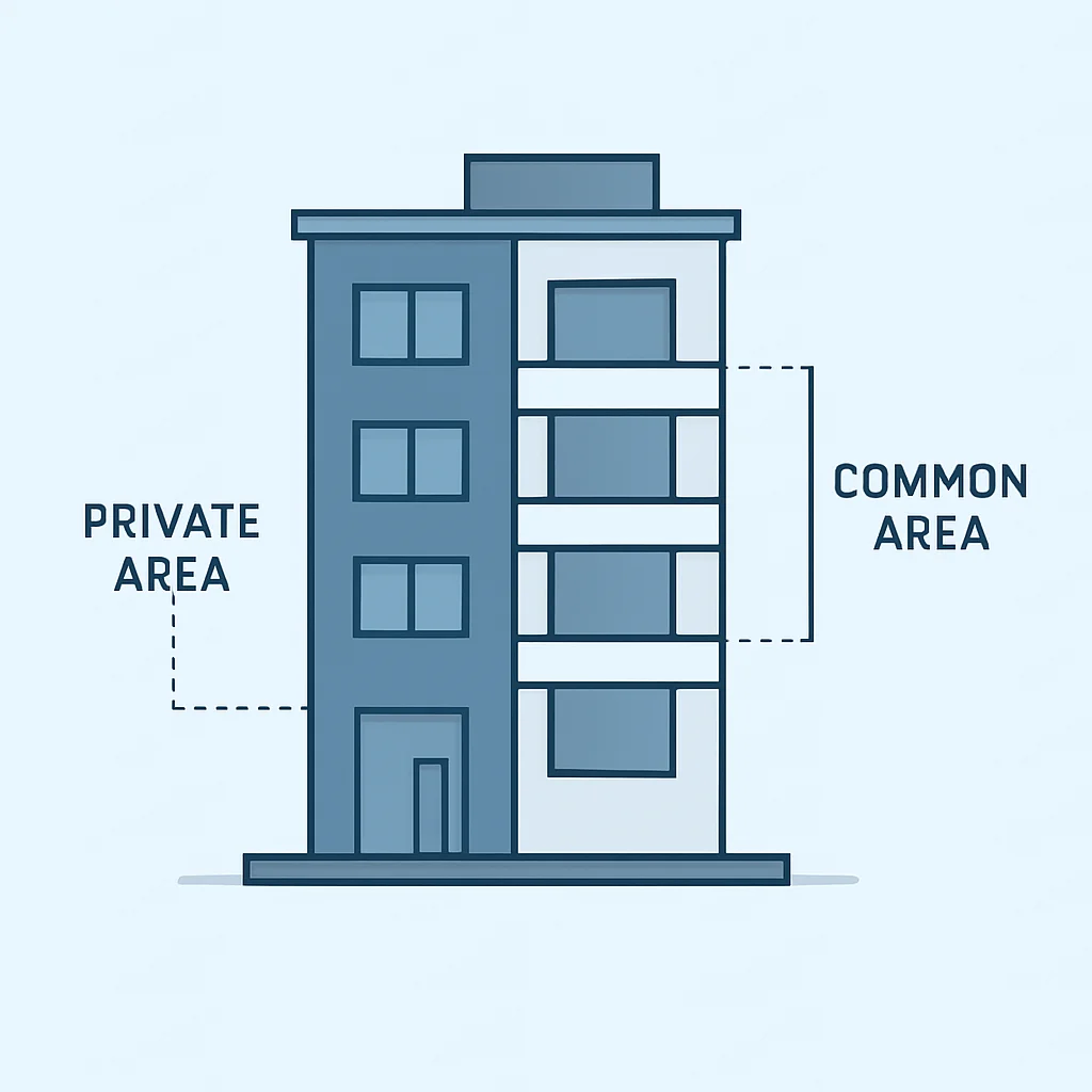 Diagramme architectural distinguant les parties privatives et communes dans un immeuble à plusieurs étages