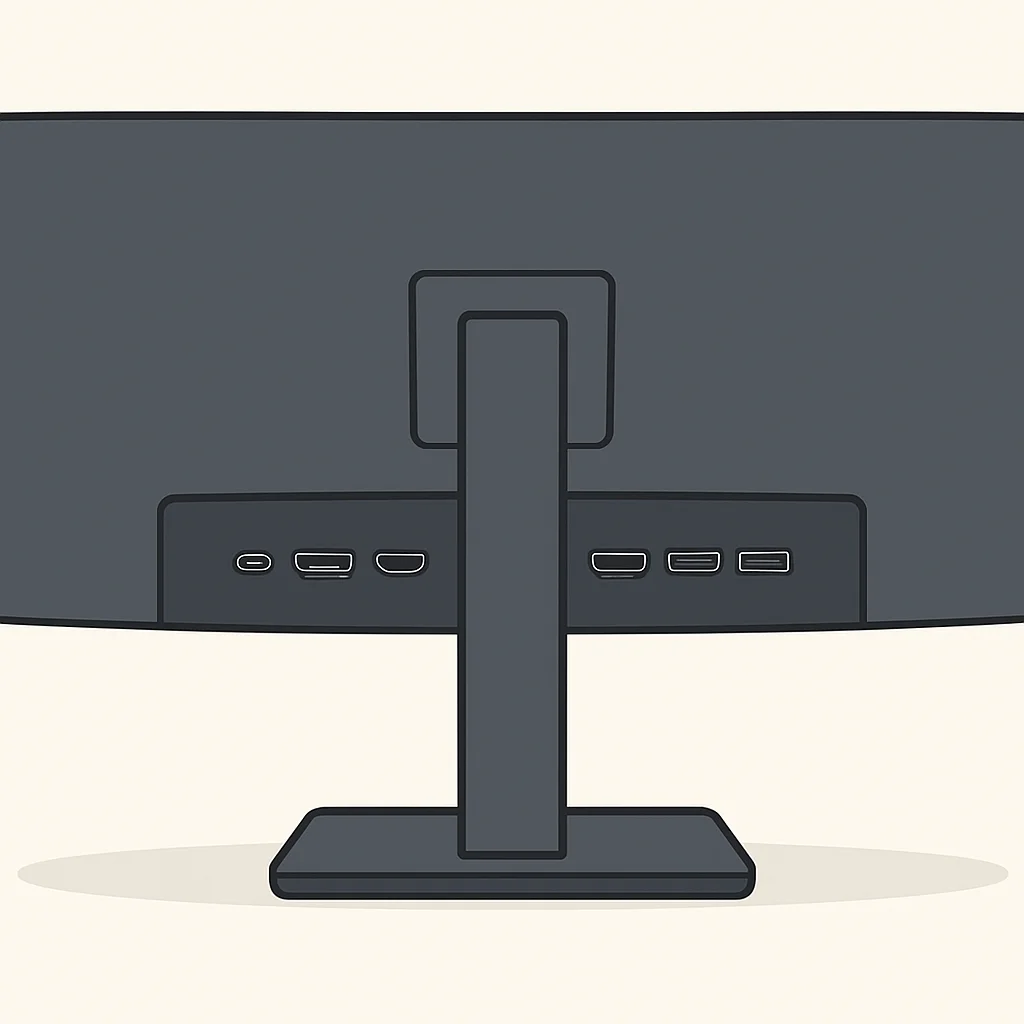 Arrière d'un moniteur ultrawide montrant divers ports, y compris USB-C, DisplayPort, HDMI et un hub USB