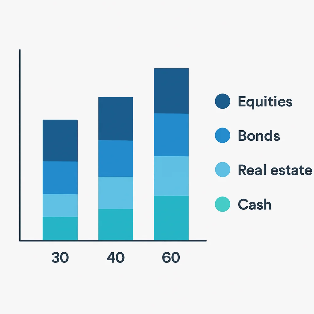 Graphique montrant l'allocation d'actifs recommandée par âge pour un PER, avec différentes classes d'actifs (actions, obligations, immobilier, fonds euros)